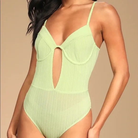 NEW Light Green Ribbed Tie-Back Cutout Bodysuit - Picture 3 of 6